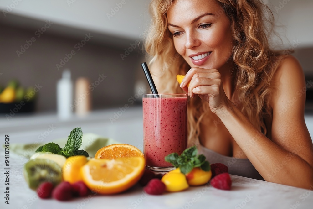 woman preparing and eating fruit before making a smoothie woman preparing and eating fruit before making a smoothie