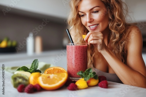 woman preparing and eating fruit before making a smoothie