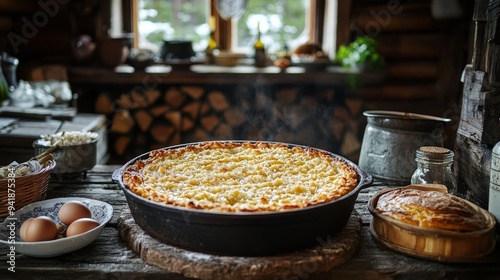 Finnish Karjalanpiirakka with a rye crust and rice filling photo