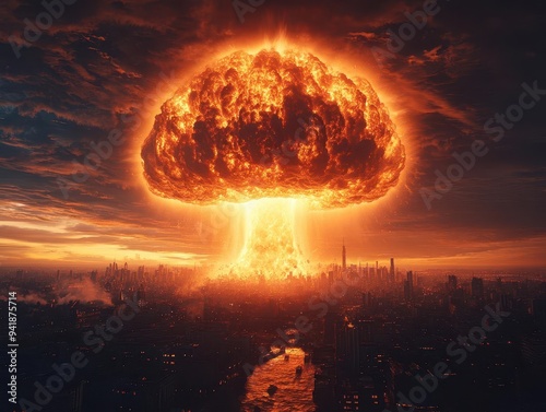 ominous mushroom cloud billowing skyward intense orange fireball at its core silhouetted cityscape in foreground dark stormy sky emphasizing apocalyptic atmosphere