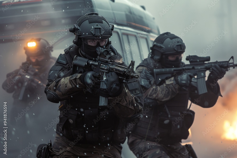 A group of heavily armed tactical operators in full gear, emerging through the smoke with firearms aimed in a dramatic action scene. A group of heavily armed tactical operators in full gear, emerging through the smoke with firearms aimed in a dramatic action scene.