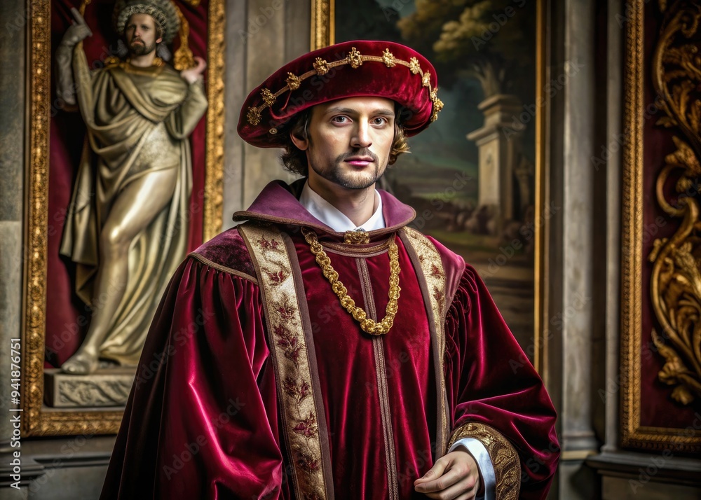 Renaissance Opulence: Velvet burgundy toga, intricately embroidered hat, ornate setting, rich colors, regal bearing Renaissance Opulence: Velvet burgundy toga, intricately embroidered hat, ornate setting, rich colors, regal bearing