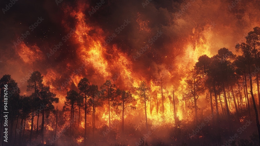 Detailed view of a forest fire with large flames and smoke billowing through the trees, creating a dramatic scene Detailed view of a forest fire with large flames and smoke billowing through the trees, creating a dramatic scene