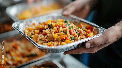 A person is holding a tray filled with a delicious mix of colorful vegetables and rice, portraying a balanced, nutritious, and visually appealing meal ready to be served.