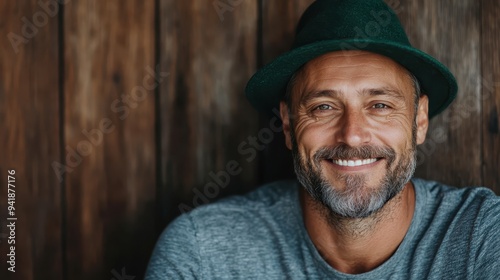 A middle-aged man with a friendly demeanor and gray beard, wearing a green hat, smiles warmly while standing against a rustic wooden wall, exuding comfort and ease.