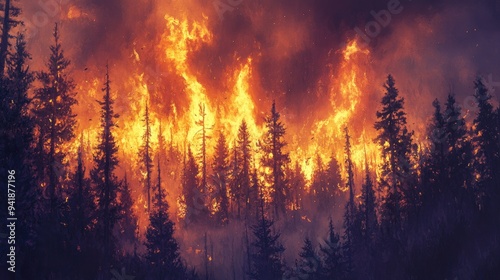 Detailed view of a forest fire with large flames and smoke billowing through the trees, creating a dramatic scene