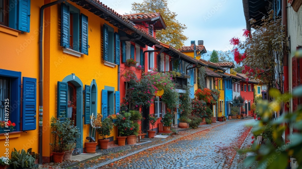Fototapeta premium Colorful cobblestone street lined with vibrant houses and blooming flowers on a serene autumn day. Generative AI