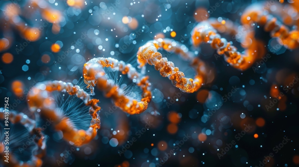 An artistic and abstract representation showing the intricate double helix structure of DNA, set against a dark, sparkling background highlighting its complexity. An artistic and abstract representation showing the intricate double helix structure of DNA, set against a dark, sparkling background highlighting its complexity.