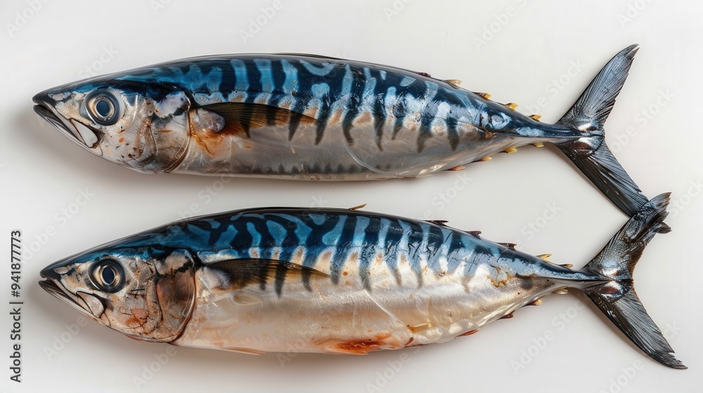 Two Fresh Mackerel Fish on White Background. Two Fresh Mackerel Fish on White Background.