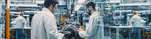 Two engineers in white lab coats examining data on a digital tablet amidst cutting-edge machinery in a high-tech industrial environment, symbolizing teamwork and modern manufacturing processes.