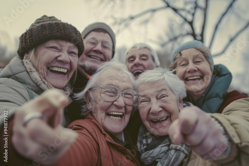 Group of elderly people taking a selfie, Spirited portrait, happy smiling group of senior citizens, pensioners having fun