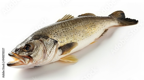 Fresh Whole Sea Bass Fish Isolated on White Background.