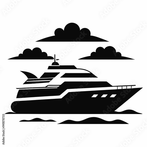 Classic Silhouette Luxury Yacht on Waves in Black and White