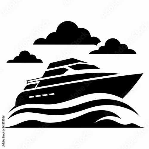 Classic Silhouette Luxury Yacht on Waves in Black and White