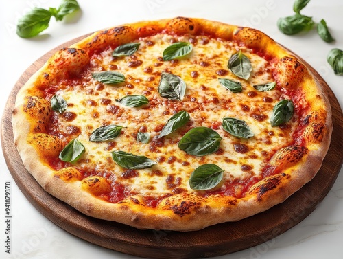 overhead view of classic margherita pizza with perfect char marks fresh basil and melted mozzarella on crisp crust mouthwatering italian cuisine on white backdrop