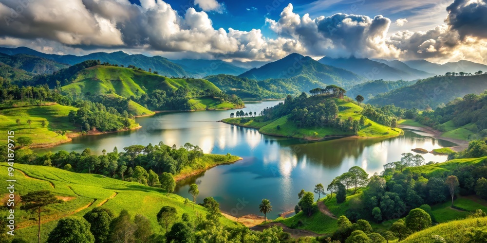 Serene Mountain Lake with Lush Green Hills and Dramatic Clouds, landscape , nature , mountains , lake Serene Mountain Lake with Lush Green Hills and Dramatic Clouds, landscape , nature , mountains , lake