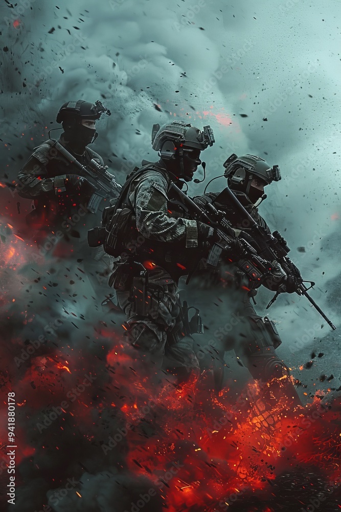 Soldiers in full combat gear advance through a battlefield engulfed in fire and smoke, showcasing courage and determination amidst intense conflict. Soldiers in full combat gear advance through a battlefield engulfed in fire and smoke, showcasing courage and determination amidst intense conflict.