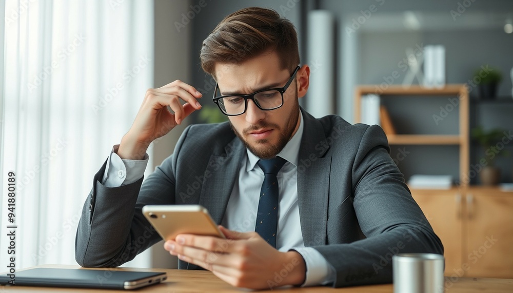 Upset Young Male Businessman Worried About Credit Card and Mobile Phone Problem, Sitting at His Desk in the Office Upset Young Male Businessman Worried About Credit Card and Mobile Phone Problem, Sitting at His Desk in the Office
