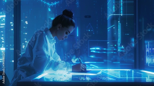 An attentive laboratory technician in a white coat works on state-of-the-art technology in a high-tech, futuristic cityscape, symbolizing innovation and progress. photo