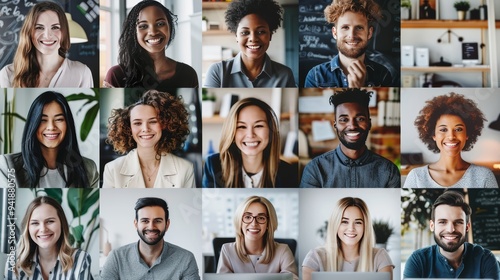 A diverse group of professionals is seen working together in a modern office, exuding happiness and collaboration, discussing and strategizing exciting projects. photo