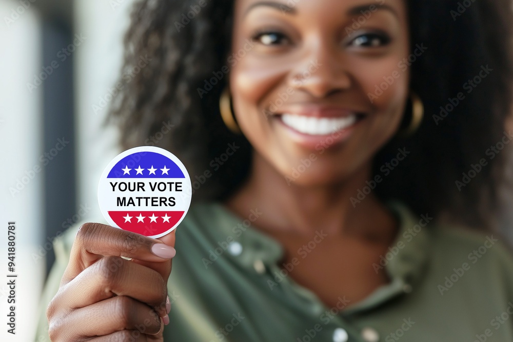 Smiling black African-American woman holding a button Smiling black African-American woman holding a button