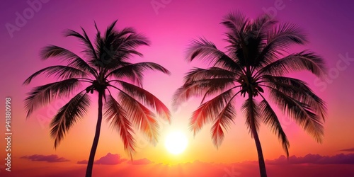 Silhouetted Palm Trees at Sunset  Digital Art  Two Palm Trees  Pink Sunset Sky  Tropical Paradise  sunset  palm trees