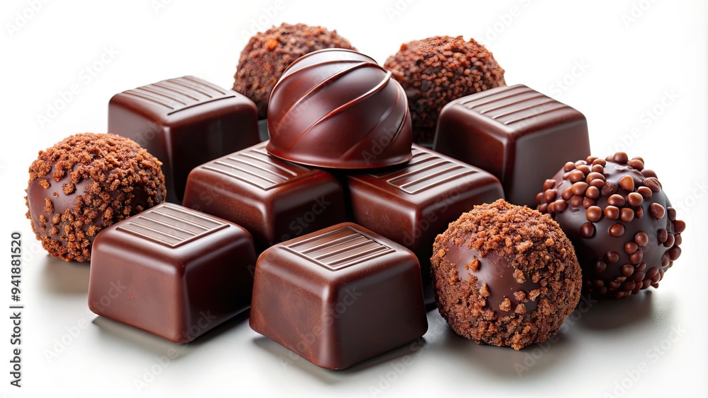 Rich, velvety dark chocolate truffles and squares are artfully arranged on a pristine white background, showcasing their decadent texture and alluring sheen. Rich, velvety dark chocolate truffles and squares are artfully arranged on a pristine white background, showcasing their decadent texture and alluring sheen.