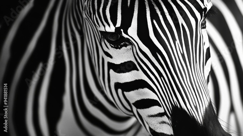 Close-up of a zebra's face in black and white with detailed stripes