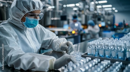 Workers in protective gear and masks work diligently in a sterile pharmaceutical laboratory, inspecting and processing vials. The focus is on maintaining a high standard of safety and precision.