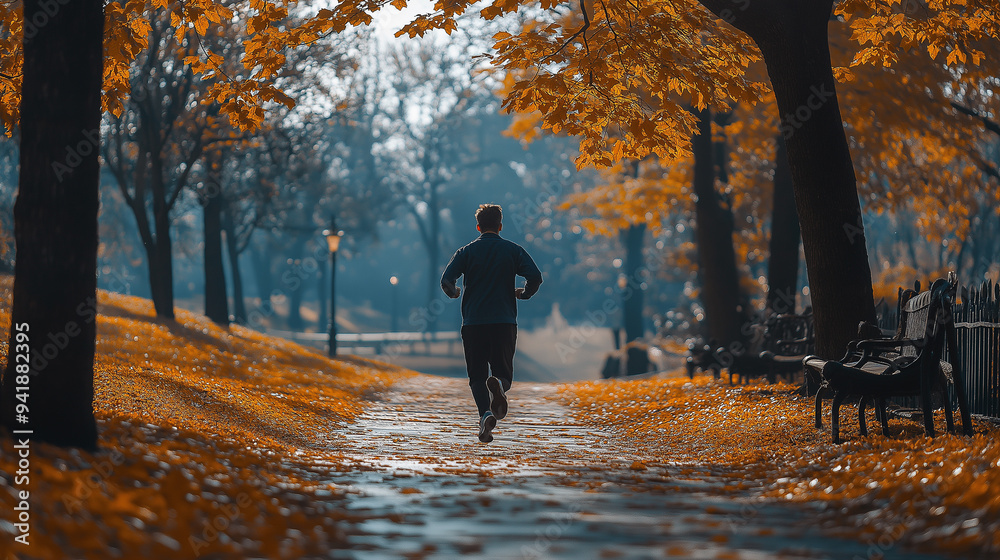 A man is running in a park in autumn A man is running in a park in autumn