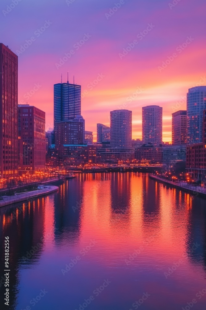 Naklejka premium A vibrant sunset over the skyline of Boston, Massachusetts.
