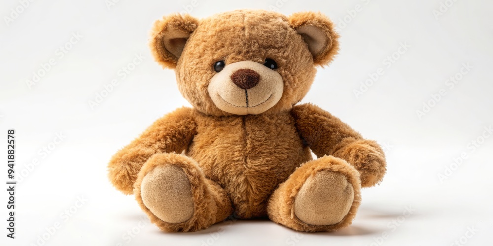 Obraz premium Smiling Brown Teddy Bear on White Background, teddy bear, plush toy, stuffed animal, cute