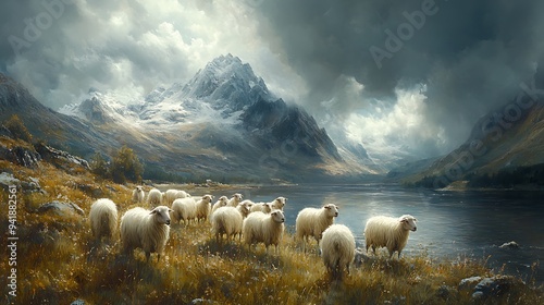 A flock of sheep graze on a grassy hillside with a lake and snow-capped mountain range in the background.
