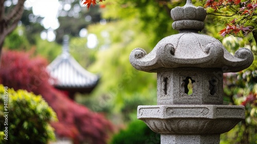 A stone lantern in the foreground, with Japanese-style pagodas and green trees behind it at the Golden Gate Park