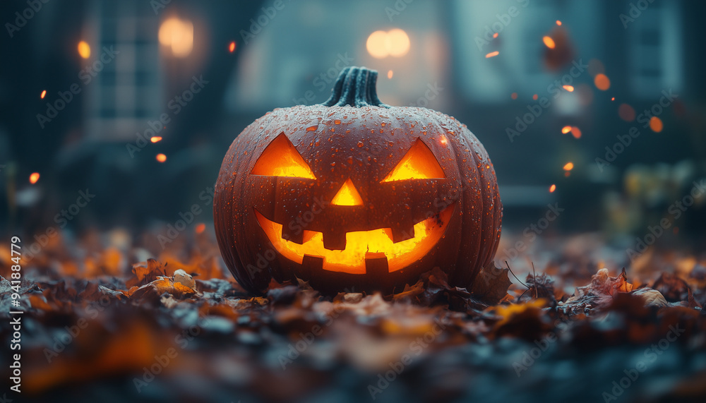 Halloween, Sinister Pumpkin with Glowing Eyes and Mouth on the Ground Among Fallen Leaves Halloween, Sinister Pumpkin with Glowing Eyes and Mouth on the Ground Among Fallen Leaves