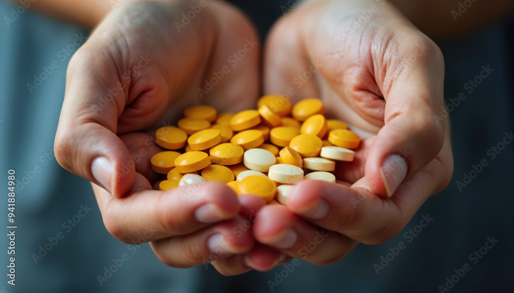 Prescription pills in hand, addiction, overdose risk Prescription pills in hand, addiction, overdose risk