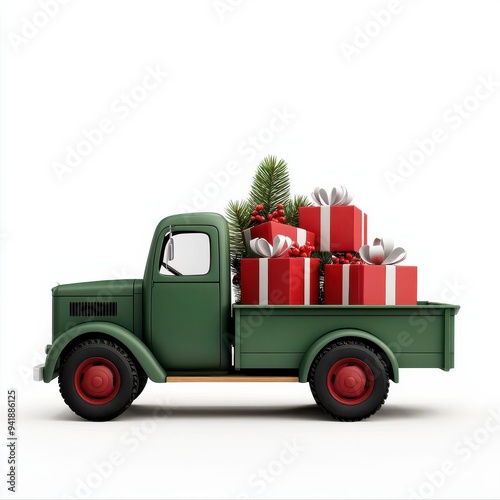 A charming green truck loaded with festive Christmas gifts and a pine tree, perfect for holiday-themed designs.