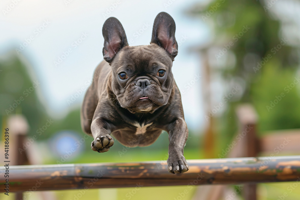 Fototapeta premium Brindle French Bulldog dog jumping over obstacle while doing agility sport