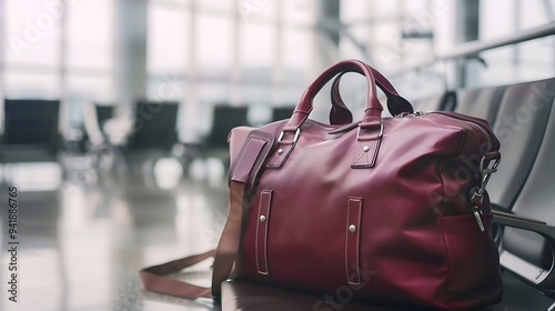 A burgundy travel bag on an airport lounge background with a mockup