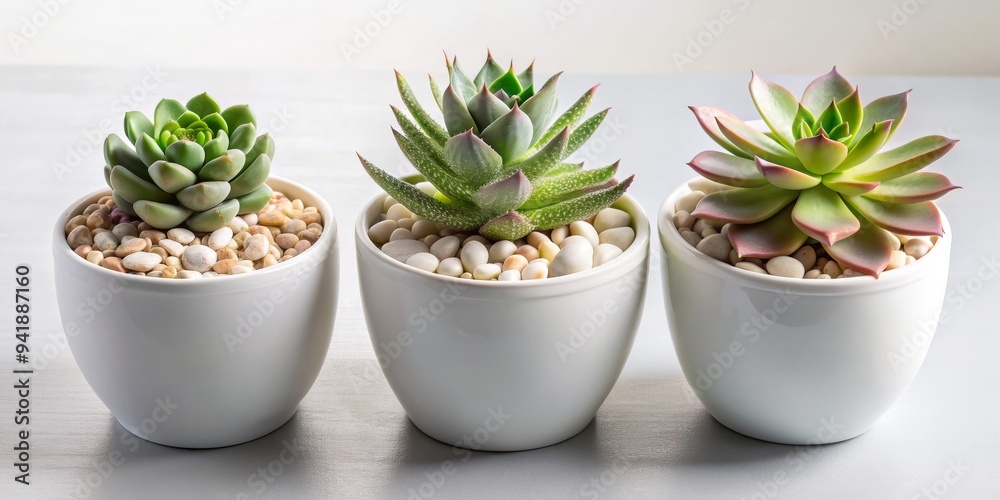 Succulent Trio in White Pots with Pebbles, Succulents, Plants, White Pots, Minimalist Succulent Trio in White Pots with Pebbles, Succulents, Plants, White Pots, Minimalist