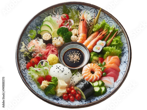 Vibrant assorted sushi platter with dipping sauce on a patterned plate. Vector, generative ai.