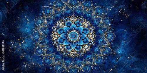 Blue and Gold Mandala with Sparkling Background
