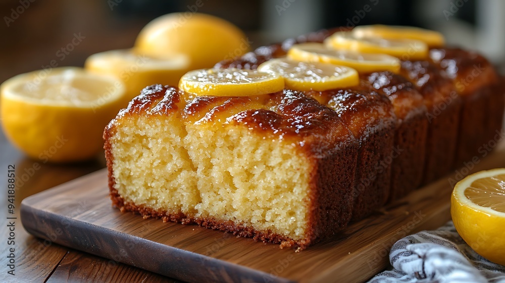 A freshly baked lemon loaf cake, sliced open to reveal its moist and fluffy interior. Lemon slices adorn the top. A freshly baked lemon loaf cake, sliced open to reveal its moist and fluffy interior. Lemon slices adorn the top.