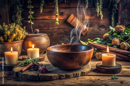 Rustic Ritual: Aged Wooden Bowl, Earthy Hues, Ritualistic Ambiance, Wabi-Sabi photo