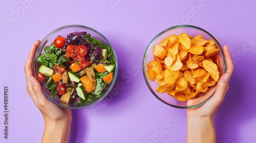 A bowl of mixed salad and a bowl of potato chips being held in two hands.