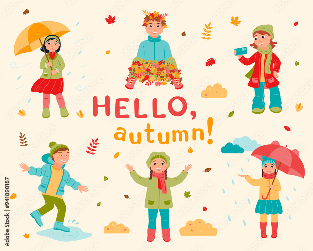 A set of children walking outside in autumn. Girls and boys are playing with falling leaves. A set of children walking outside in autumn. Girls and boys are playing with falling leaves.