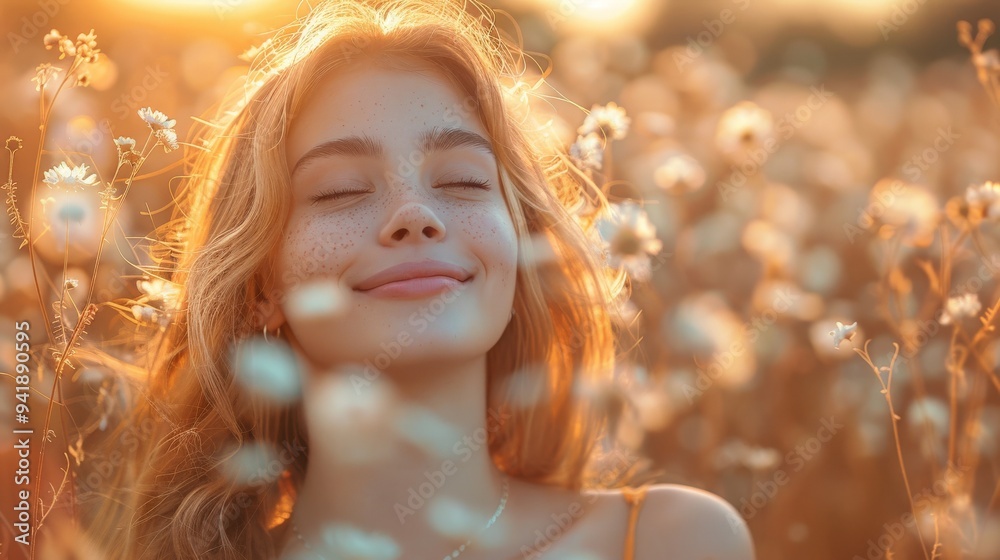 A serene moment of bliss in a sunlit meadow filled with blooming flowers at sunset. Generative AI A serene moment of bliss in a sunlit meadow filled with blooming flowers at sunset. Generative AI