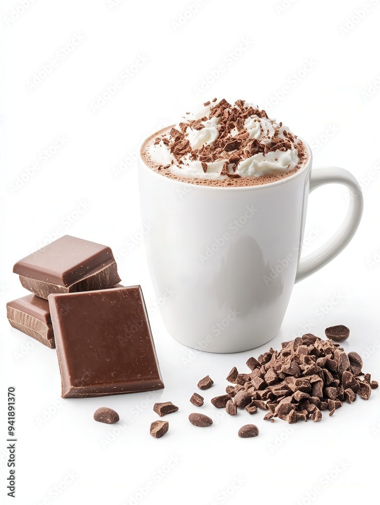 Indulgent Chocolate Delight: A steaming mug of rich hot chocolate topped with fluffy whipped cream and chocolate shavings, accompanied by a stack of dark chocolate squares, creating a decadent and inv Indulgent Chocolate Delight: A steaming mug of rich hot chocolate topped with fluffy whipped cream and chocolate shavings, accompanied by a stack of dark chocolate squares, creating a decadent and inv