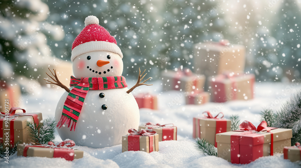 Magical Winter Scene: Playful Snowman and Colorful Gifts