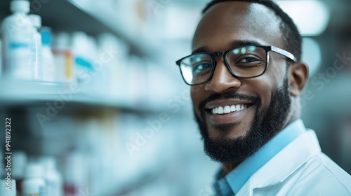 A smiling pharmacist in a white coat stands confidently in front of medicine shelves, illustrating professionalism in a well-organized pharmaceutical environment. photo